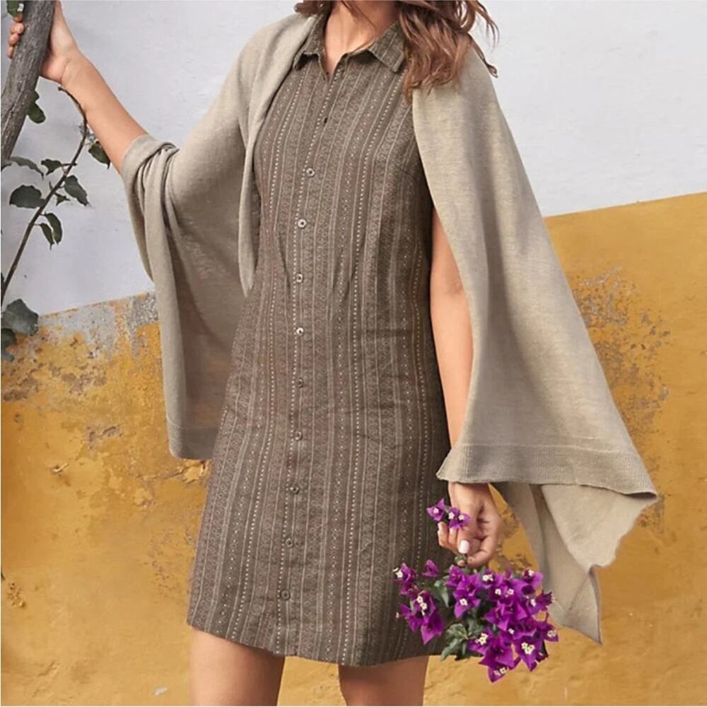 Garnet Hill Putty Brown Batik Stripe Linen Sleeveless Shirt Dress 8